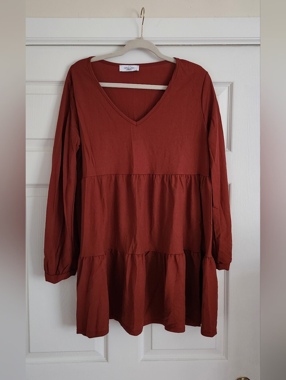 Carly Jean Los Angeles Long Sleeve V-Neck Tiered Dress - Rust